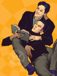 A digital painting of Erik Lehnsherr, a young brunette white man, sitting cradled in the lap of Charles Xavier, another young brunette white man, as they are reading a book.