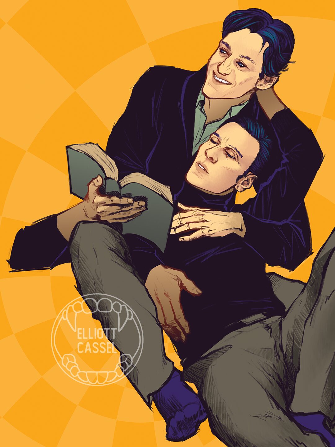 Erik Lehnsherr, a young brunette white man, sits cradles in the lap of Charles Xavier, another young brunette white man, as they are reading a book.