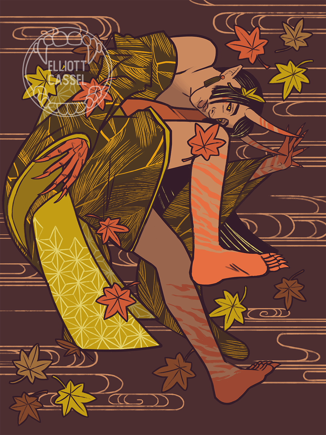 A digital painting of a horned young man with long purple hair jumping in a short robe against a smoky, maple leaf strewn background.