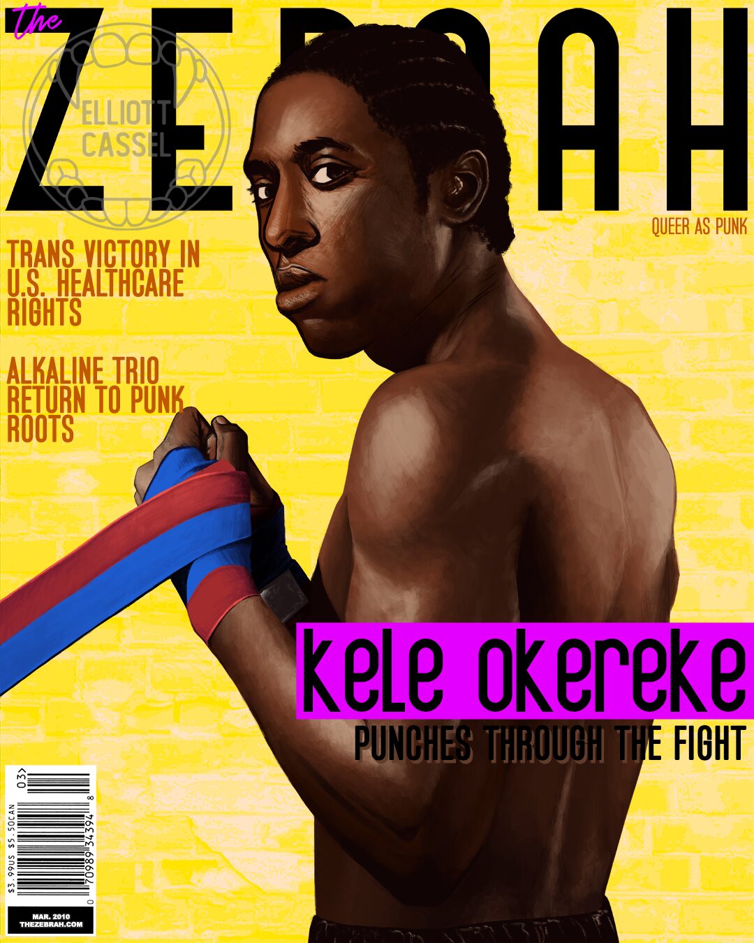 A digital painting made to look like a magazine cover from the 2010s. It features a shirtless black man over his name, Kele Okereke. The magazine title is The Zebrah.