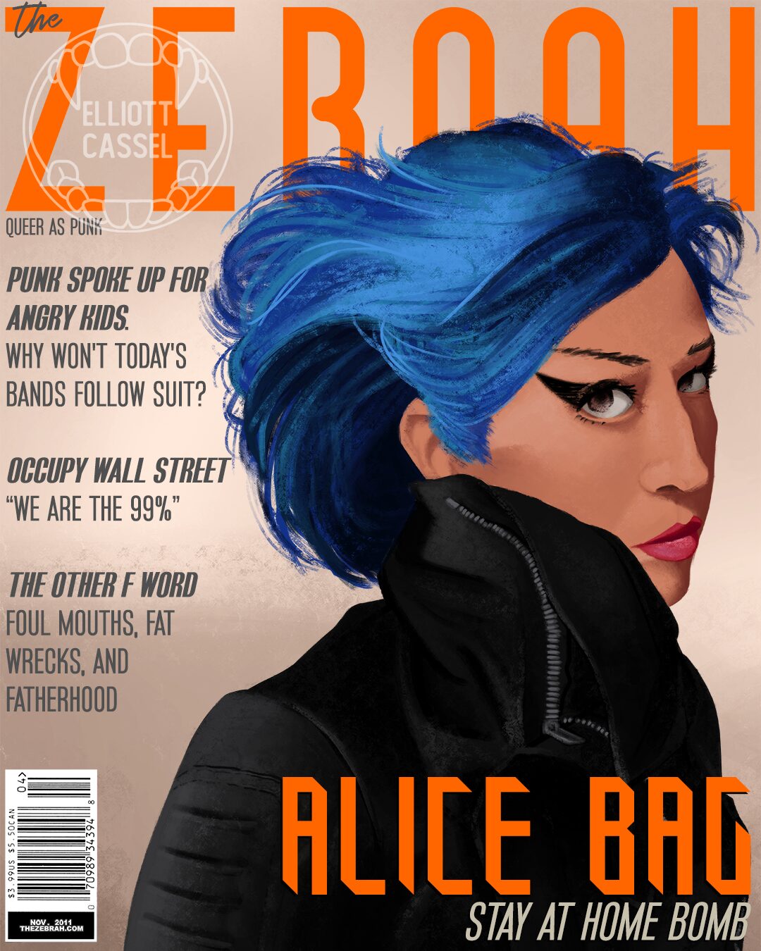 A digital painting made to look like a magazine cover from the 2000s. It features a woman with blue hair and a leather jacket over her name, Alice Bag, The magazine title is The Zebrah.