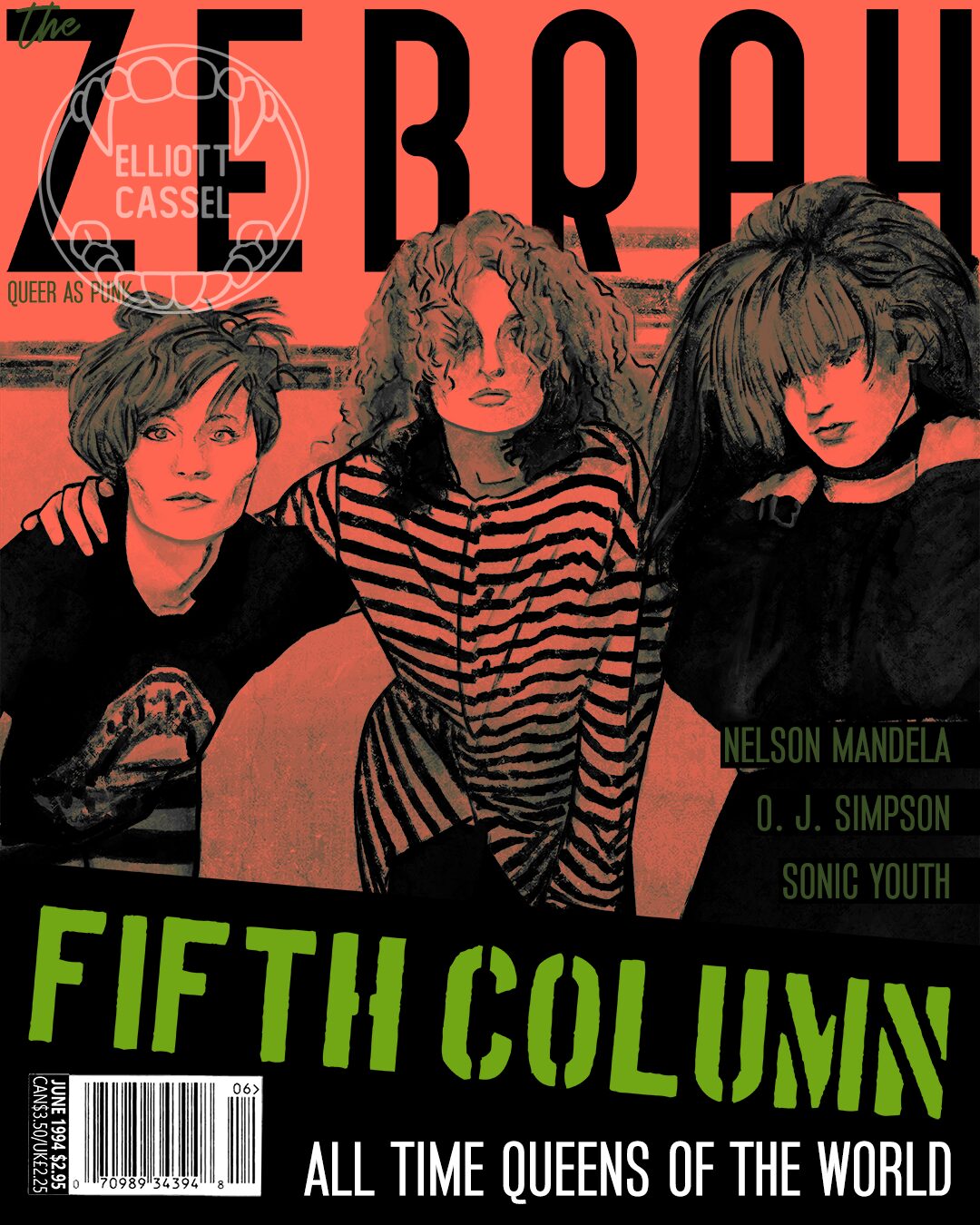 A digital painting made to look like a magazine cover from the 90s. It features a trio of girls in dusty red over their logo reading Fifth Column. The magazine title is The Zebrah.