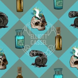 A digitally painted tiling diamond pattern in blues and greys, of several Bloodborne items: Iosefka's blood vial, a madman's knowledge, a blue elixir, and a Cord of the Eye.
