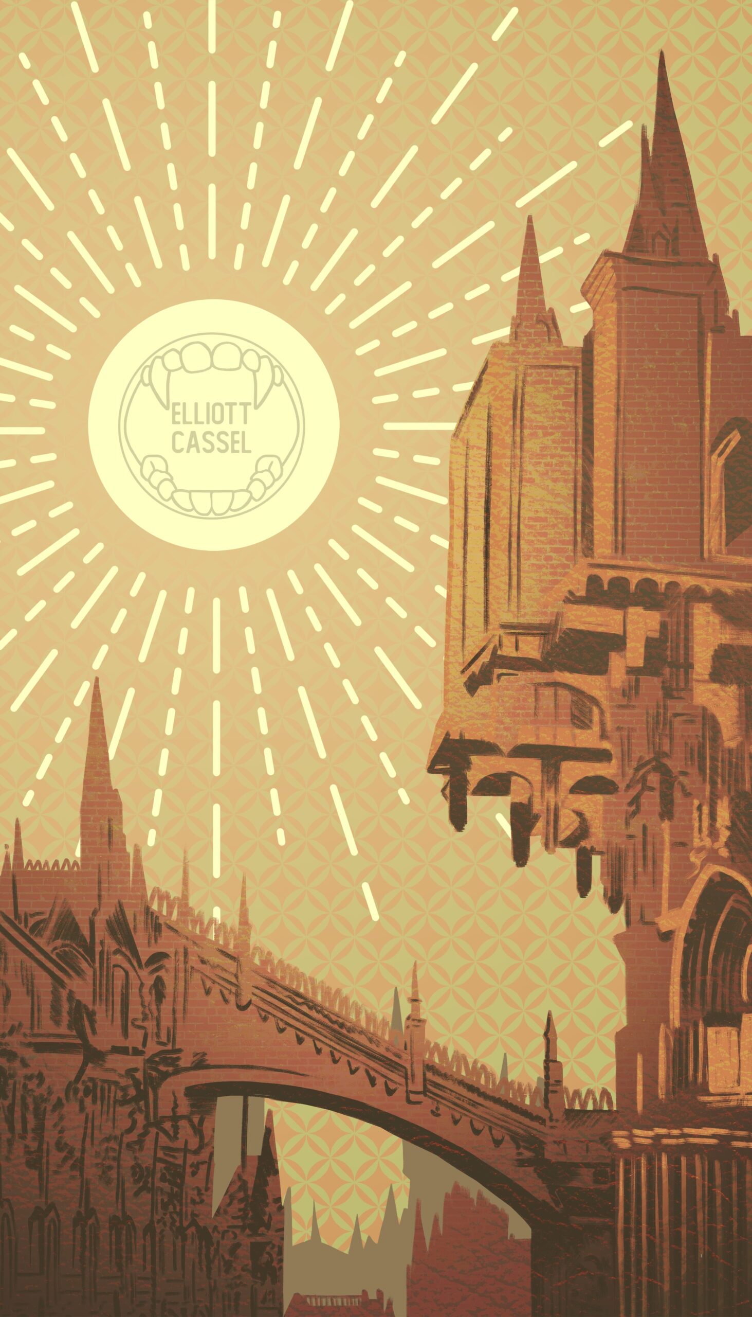 A digital painting in pale yellow, pale green, and oranges and browns, of the cityscape of Yahar'gul from Bloodborne brightly lit by the sun. It represents the Ten of Cups in a traditional 78-card tarot deck.