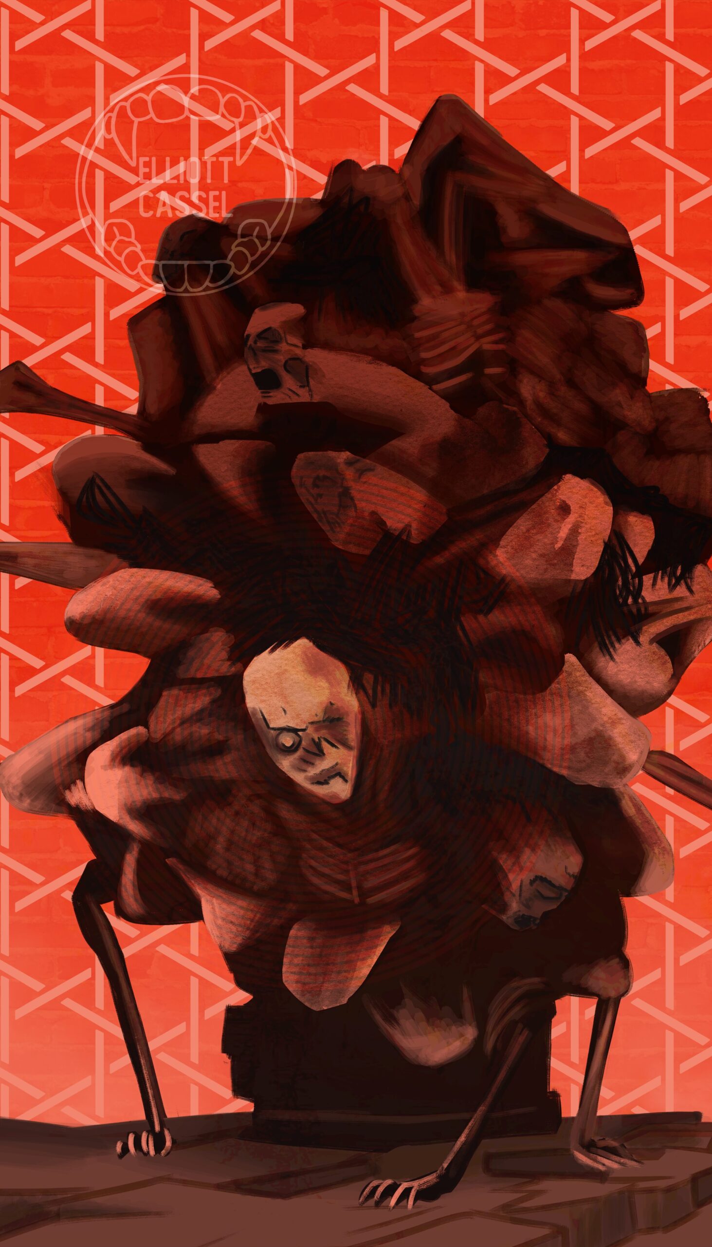 A digital painting of a red, brown, and orange sketchy Cramped Casket enemy from Bloodborne, which looks like 5-8 human corpses fused together, bursting out of a coffin and crawling using its hands. It represents the Five of Wands in a traditional 78-card tarot deck.