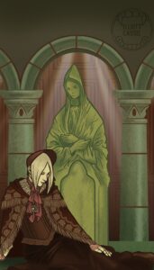 A digital painting in brown, pale green, and deep green of the Doll from Bloodborne lying on the altar in the Abandoned Hunter's Workshop. Rays of sunlight filter through an unseen window. It represents the Six of Cups in a traditional 78-card tarot deck.