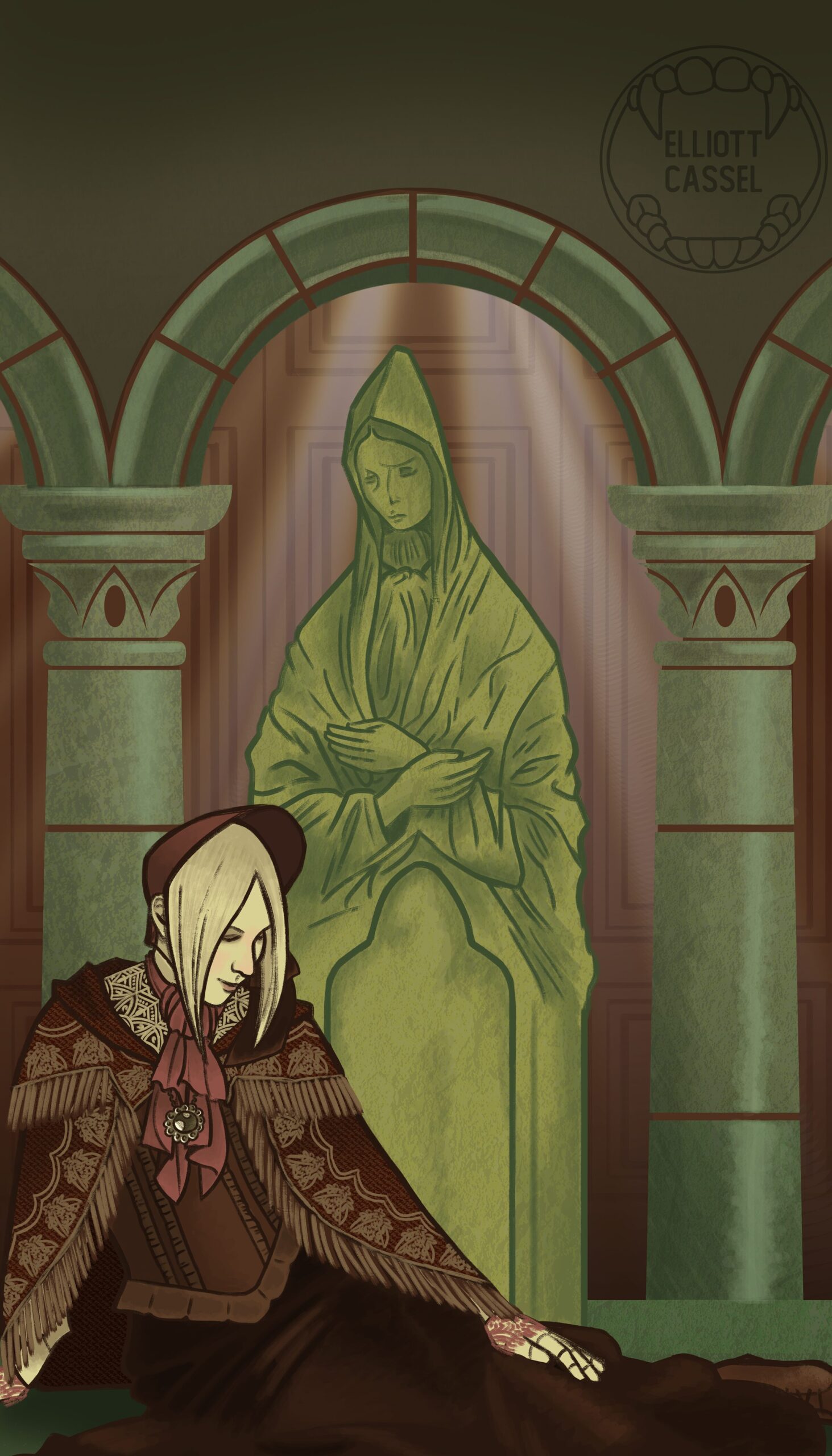 A digital painting in brown, pale green, and deep green of the Doll from Bloodborne lying on the altar in the Abandoned Hunter's Workshop. Rays of sunlight filter through an unseen window. It represents the Six of Cups in a traditional 78-card tarot deck.