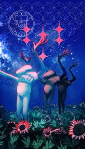 A digital painting in deep blues of three humanoid but alien misshapen figures, the Living Failures from Bloodborne, as they call down the stars. A pattern of circles and stars fills the background. It represents the Six of Swords in a traditional 78-card tarot deck.