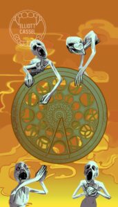 A digital painting of four small white and grey humanoid creatures, the Messengers from Bloodborne, displaying the clock mechanism from the Astral Clocktower in verdigris green against a sunset orange sky. It represents the Wheel of Fortune in a traditional 78-card tarot deck.
