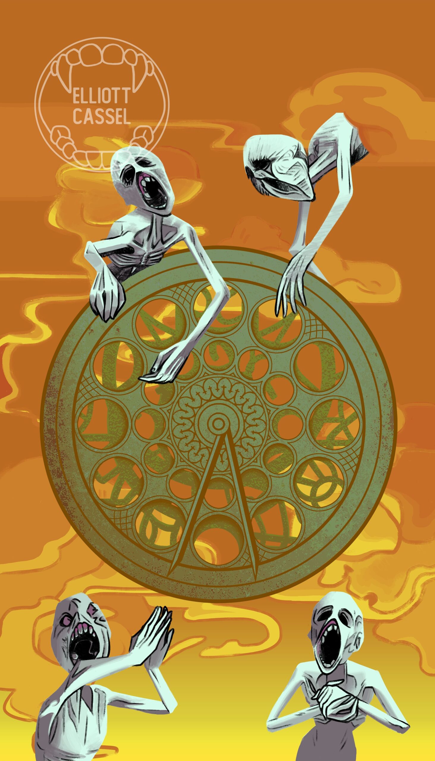 A digital painting of four small white and grey humanoid creatures, the Messengers from Bloodborne, displaying the clock mechanism from the Astral Clocktower in verdigris green against a sunset orange sky. It represents the Wheel of Fortune in a traditional 78-card tarot deck.