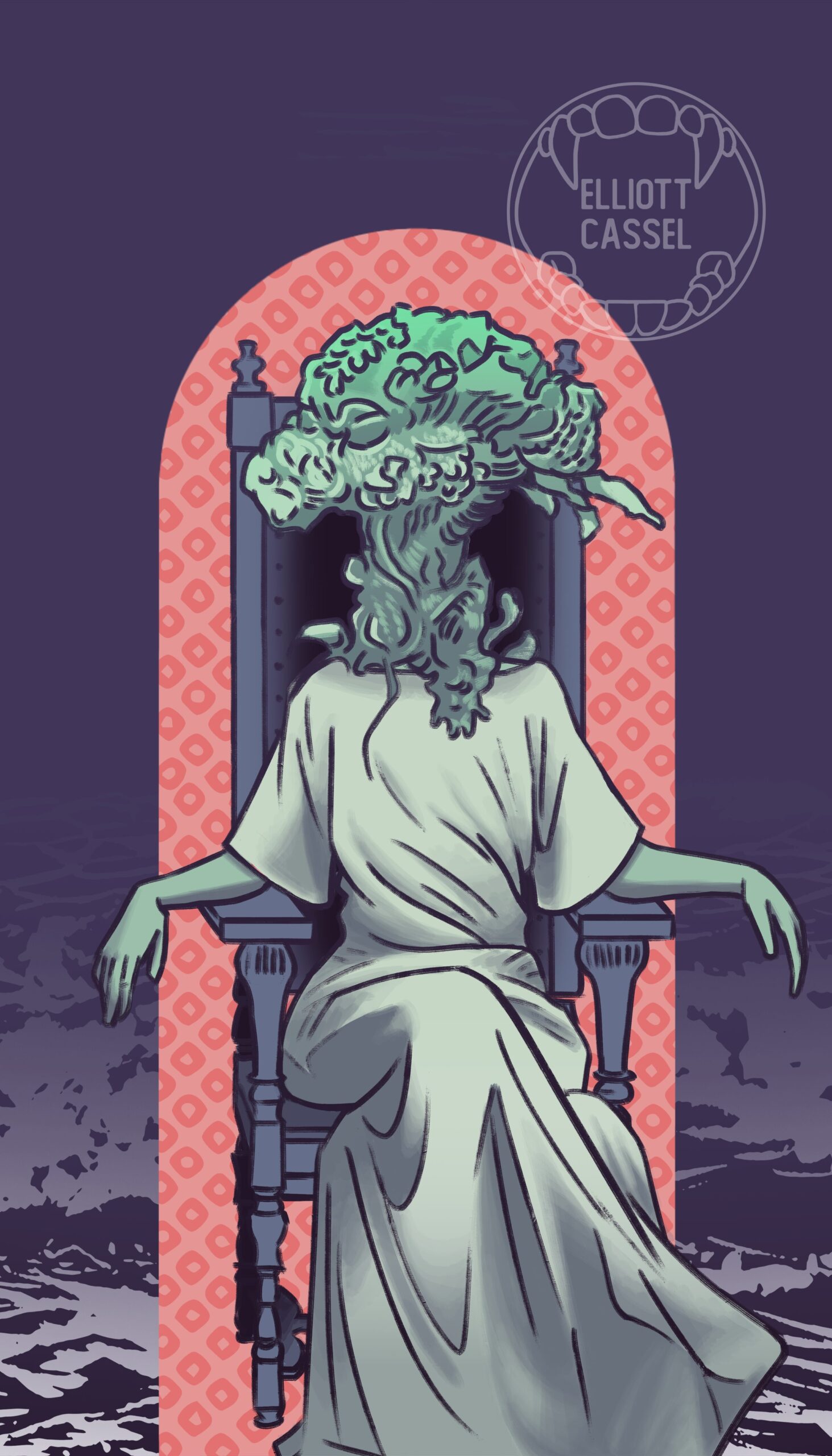 A digital painting in seafoam green, pink, and deep purple of an ascended Saint Adeline from Bloodborne, appearing with a cauliflower-like head seated on an old-fashioned medical chair. It represents the High Priestess in a traditional 78-card tarot deck.