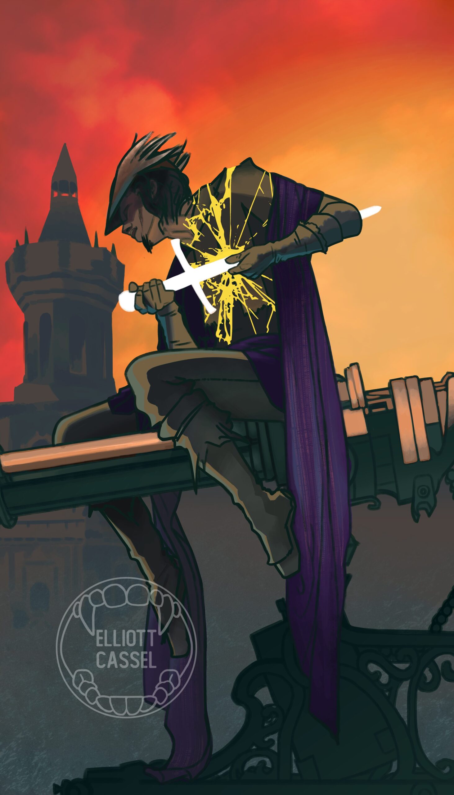A digital painting in orange, brown, and tan of Djura from Bloodborne, perched atop his large gatling gun and piercing himself with a metaphorical sword with a mantle of deep purple draped over him. It represents Justice in a traditional 78-card tarot deck.