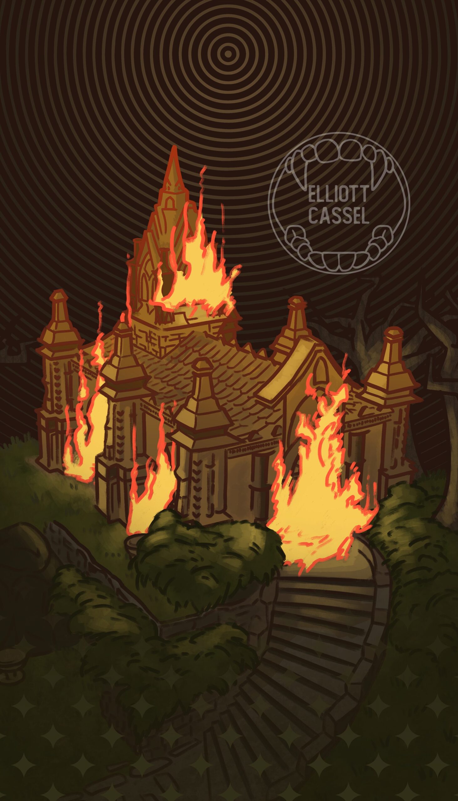 A digital painting of the burning Hunter's Dream from Bloodborne in dark brown, dark green, red and yellow. It represents the Tower in a traditional 78-card tarot deck.