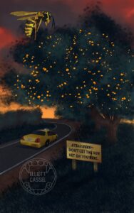 A digital painting of a road at sundown, in which an old taxi drives past a large fruiting orange tree and a sign warning strangers not to let the sun set on them here. A wasp hovers in the foreground.