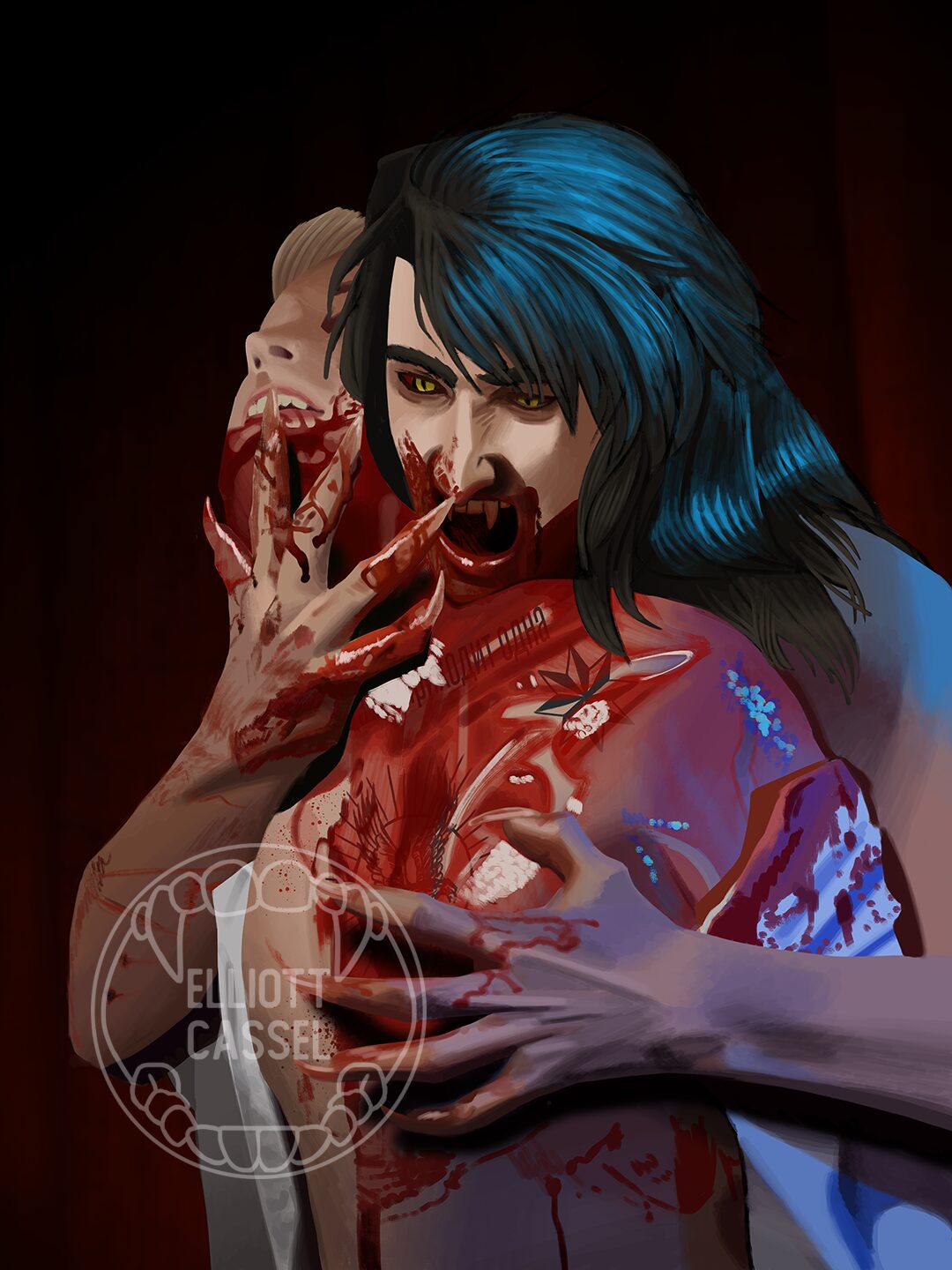 A digital painting of my original character, black-haired white vampire Vincent MacLachlan, baring his fangs and hungrily embracing his boyfriend and blood donor Nikolay, a blond white man who is smiling and covered in blood.
