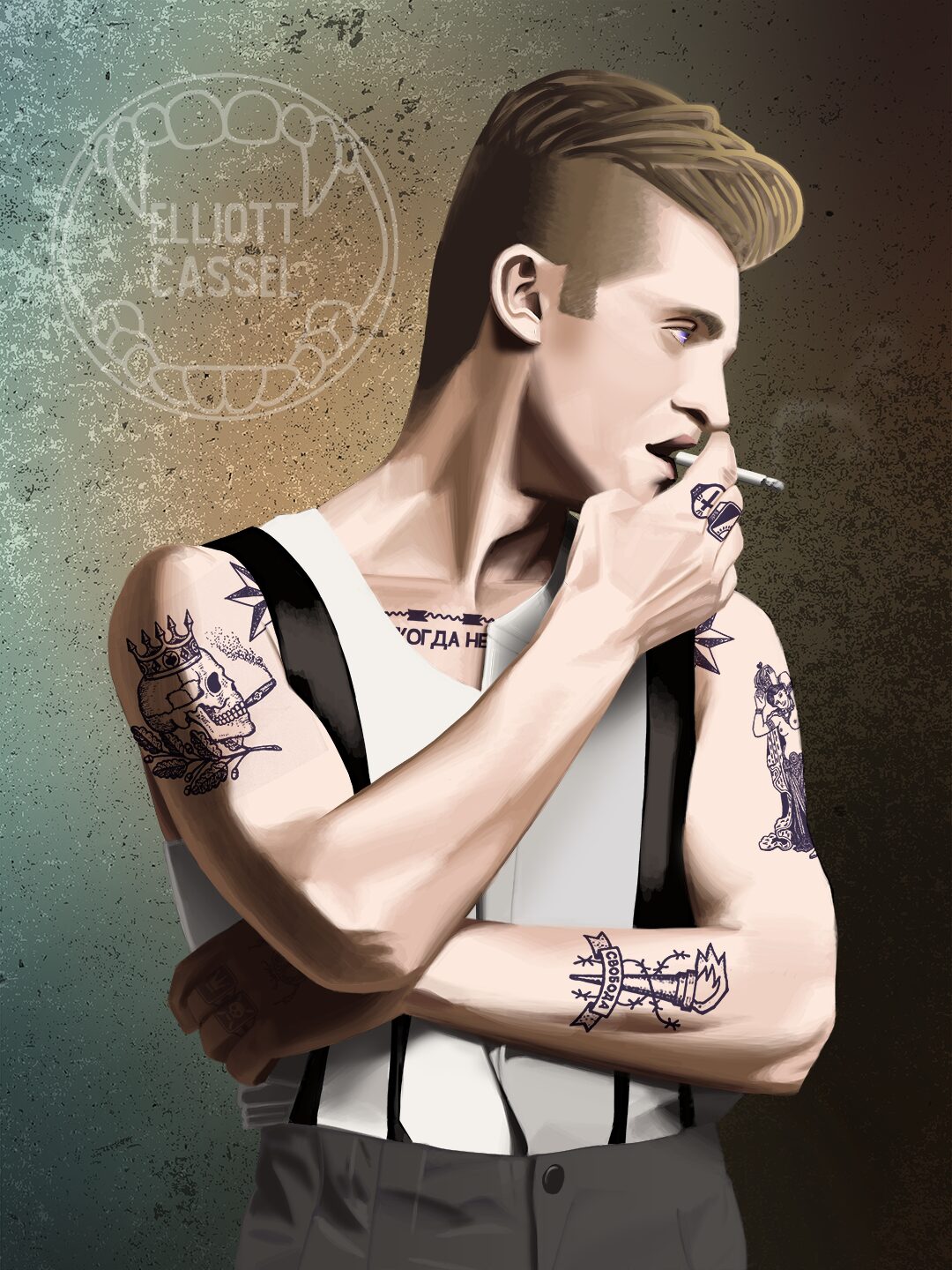 A digital painting of my original character Nikolay, a blond white man with many bluish prison tattoos. He is wearing a sleeveless white shirt, suspenders, and grey trousers, smoking a cigarette.