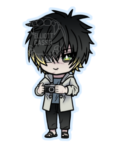 A digital sketch of Towa from Slow Damage in chibi, wearing a clear raincoat and holding a camera with a small smile.