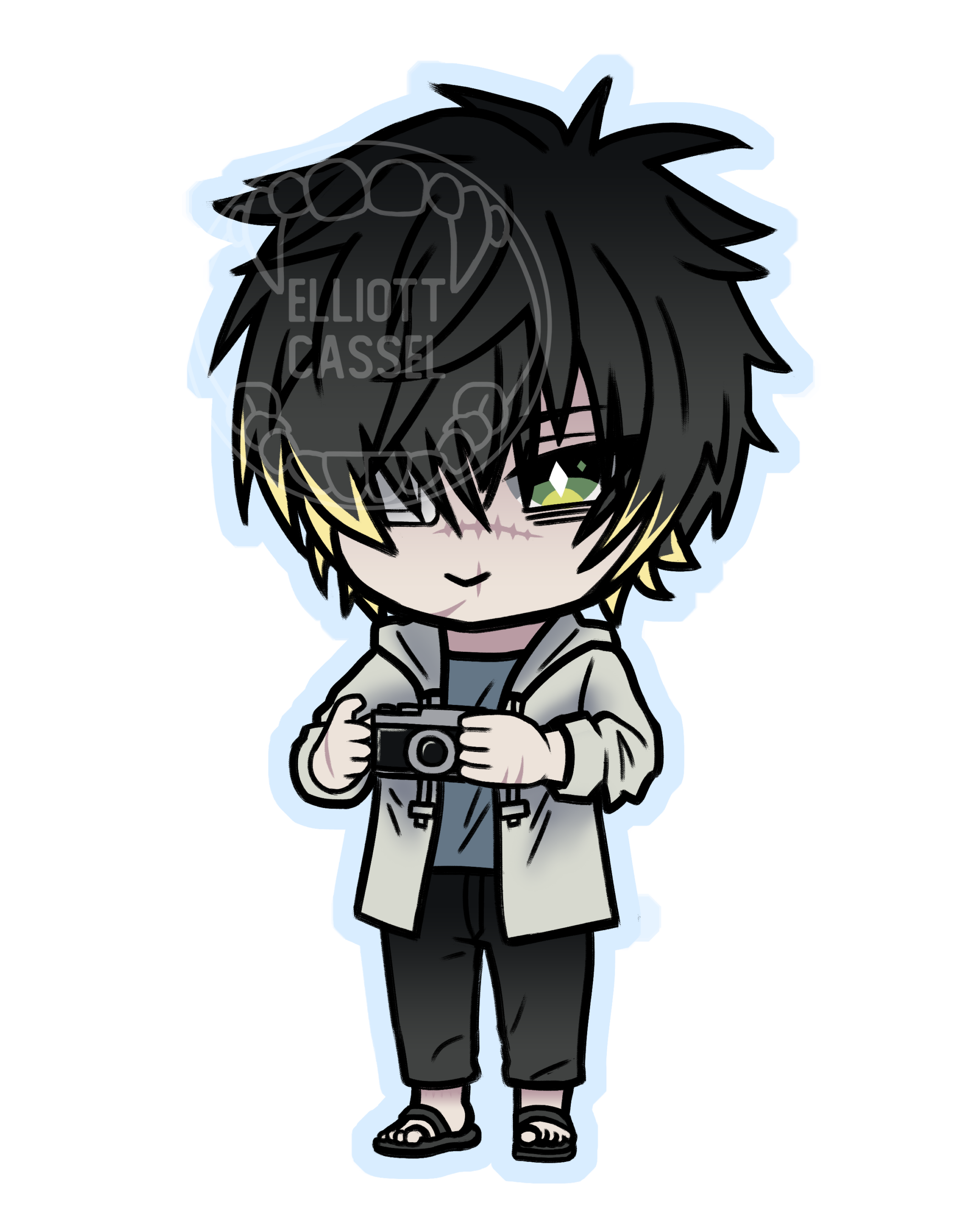 A digital sketch of Towa from Slow Damage in chibi, wearing a clear raincoat and holding a camera with a small smile.