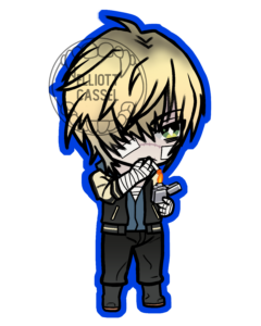 A digital sketch of Towa from Slow Damage in chibi, with blond hair. He is wearing a blue and gold jacket and lighting a cigarette.