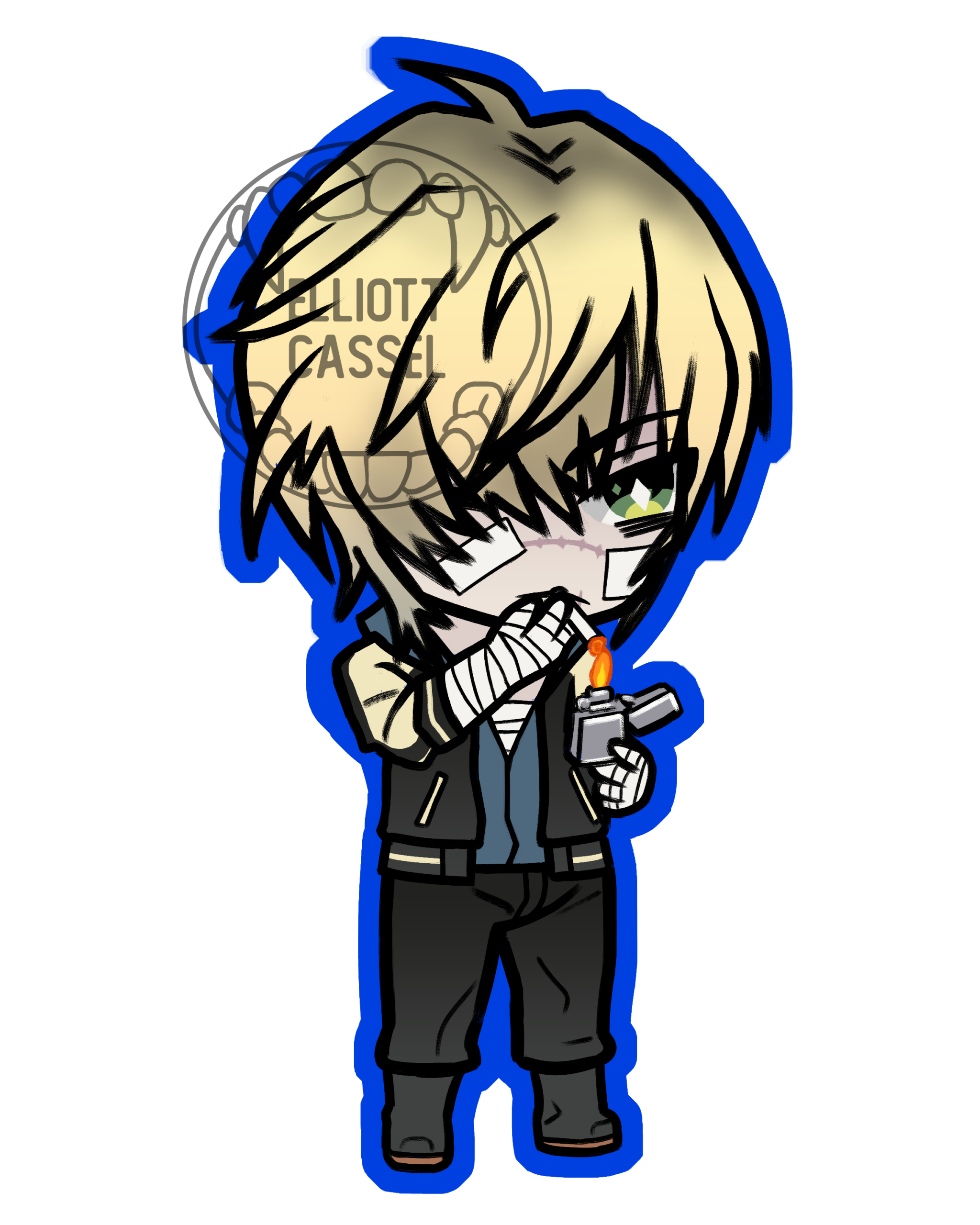 A digital sketch of Towa from Slow Damage in chibi, with blond hair. He is wearing a blue and gold jacket and lighting a cigarette.