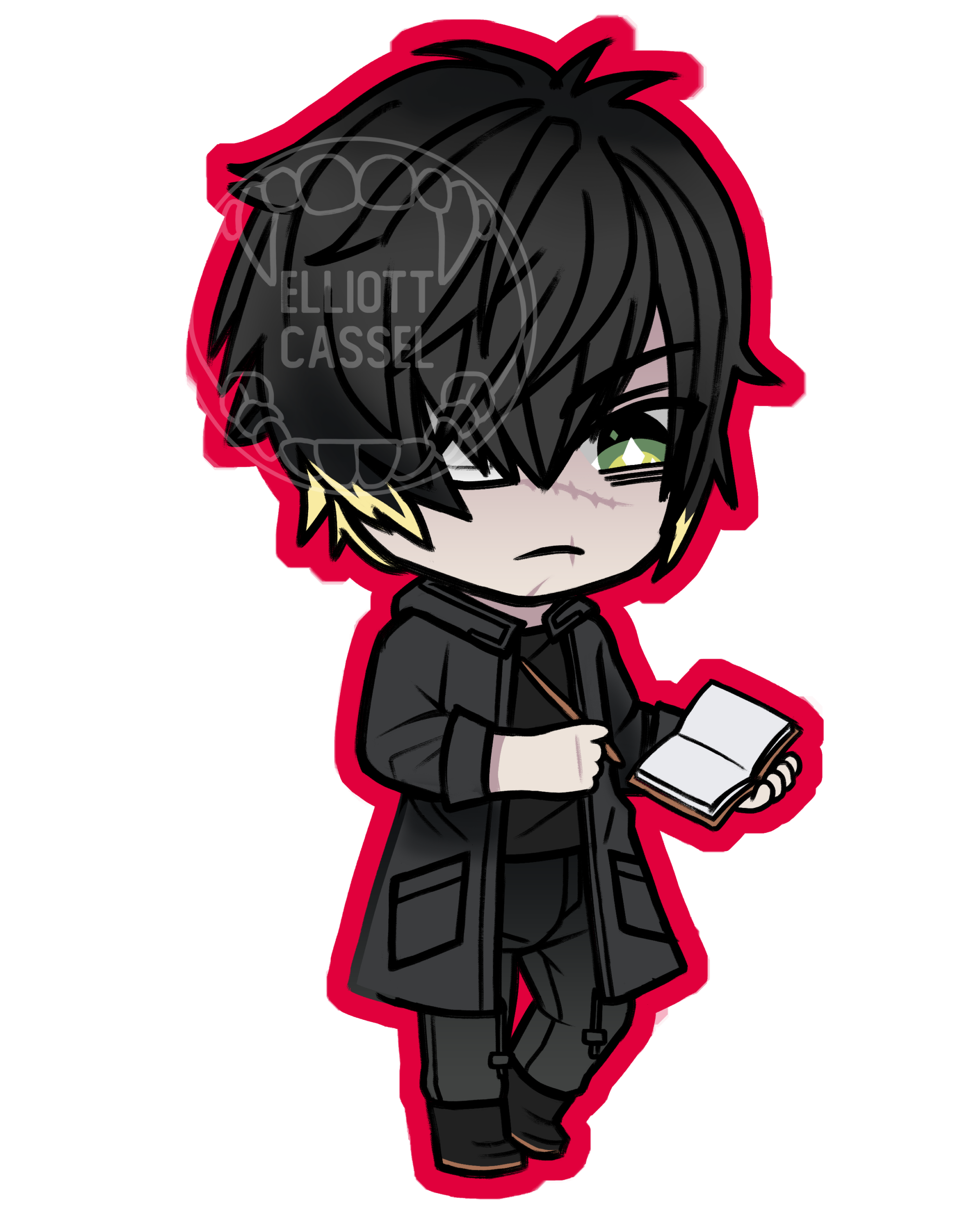 A digital sketch of Towa from Slow Damage in chibi, wearing his normal long black coat and sketching in a book.