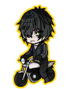A digital sketch of Towa from Slow Damage in chibi, wearing leather and riding a motorcycle.