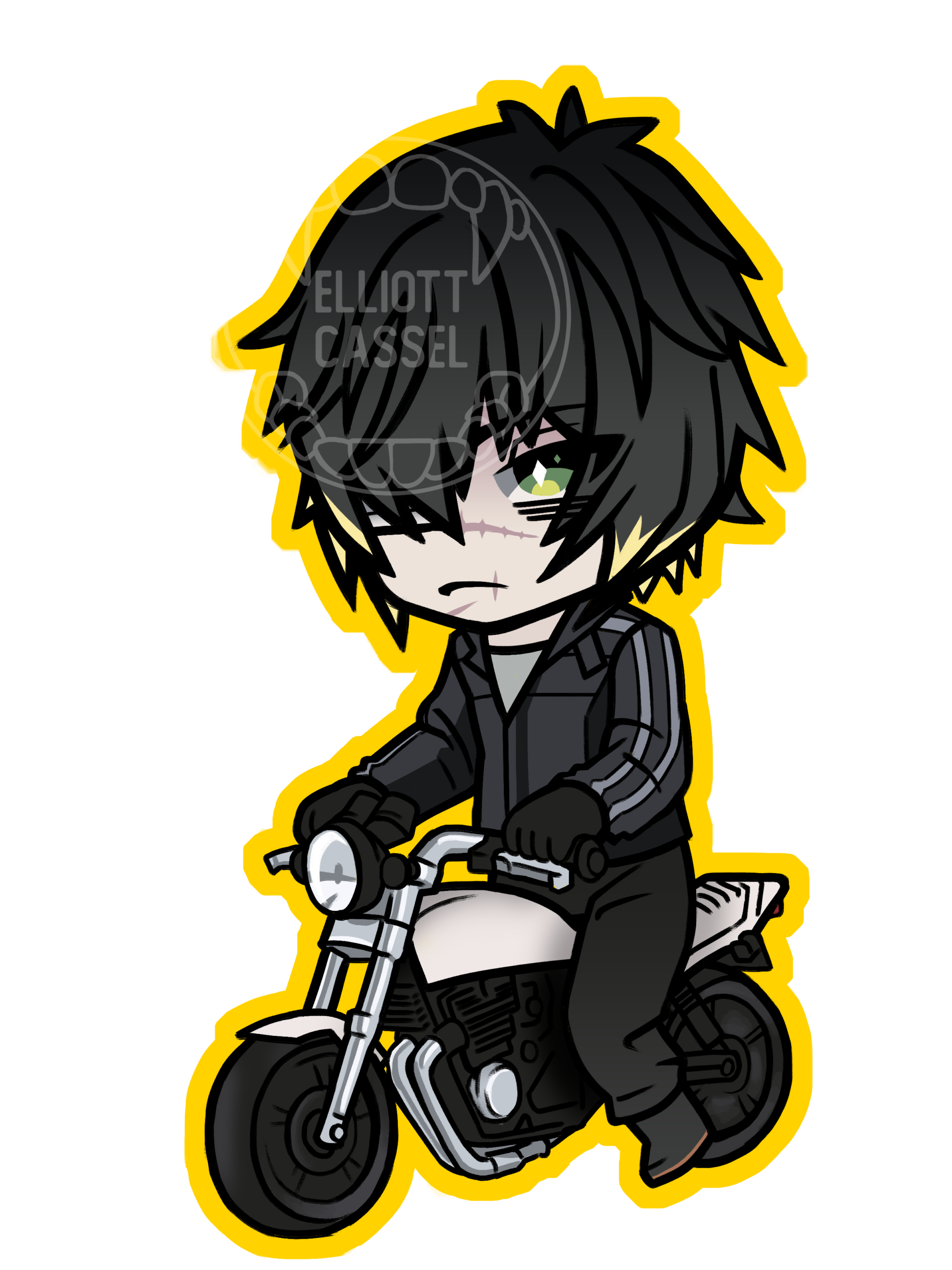 A digital sketch of Towa from Slow Damage in chibi, wearing leather and riding a motorcycle.