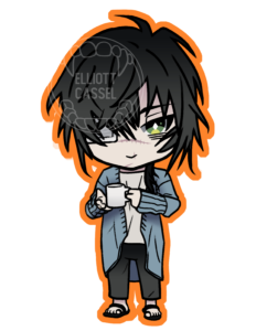 A digital sketch of Towa from Slow Damage in chibi, wearing a blue sweater and holding a mug of coffee with a small smile.