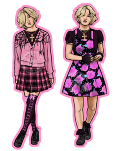 A full-body reference of one of the characters from a Vampire the Masquerade game I was in. Her name is Delilah, and she is modeling two different pastel goth outfits. One is a pink spiderweb sweater, black and pink plaid skirt, and black thigh highs. The other is a black ringer tee, black lace cuffs, and a pinafore dress in a black and pink rose pattern.