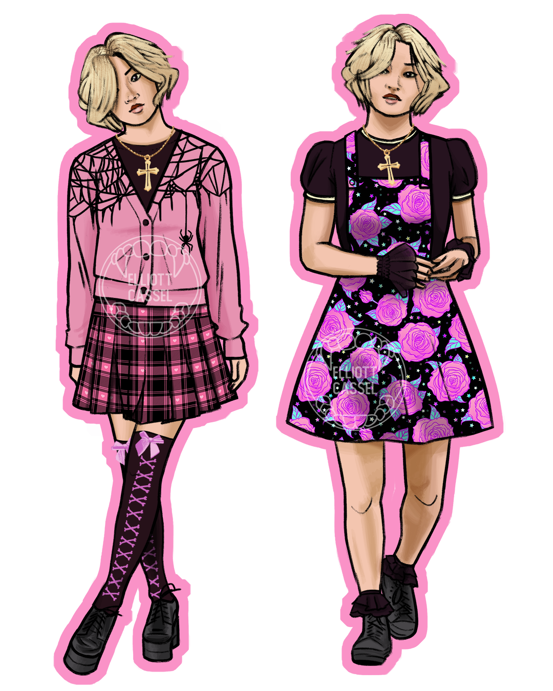 A full-body reference of one of the characters from a Vampire the Masquerade game I was in. Her name is Delilah, and she is modeling two different pastel goth outfits. One is a pink spiderweb sweater, black and pink plaid skirt, and black thigh highs. The other is a black ringer tee, black lace cuffs, and a pinafore dress in a black and pink rose pattern.